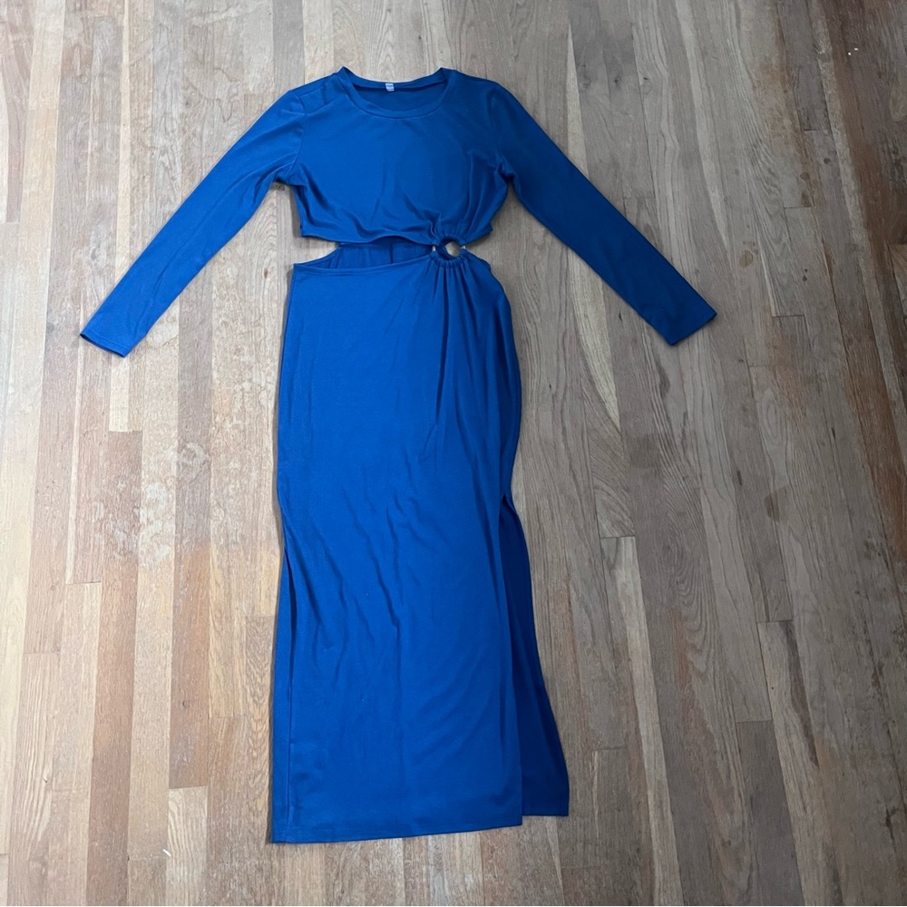 Women’s Blue Cutout Long Sleeve T-Shirt Dress | NWOT | Ring Detail & Side Slit